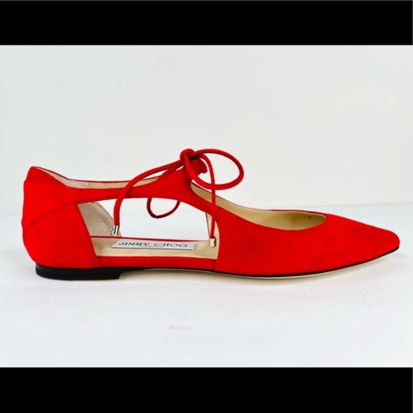 Jimmy Choo Vanessa Flat Red Suede Strap Lace Pointed Toe Ballet Flats Size 36.5 - Picture 6 of 11